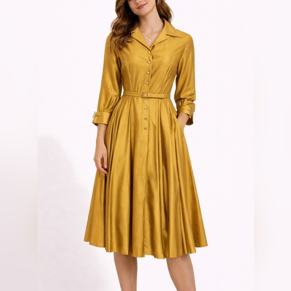 Vintage 1940-1950s Golden Cocktail Shirt Longline Performance Dress